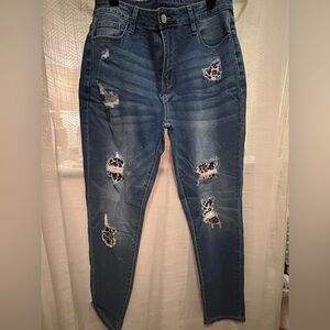 Distressed Blue Jeans with Leopard Print Patches